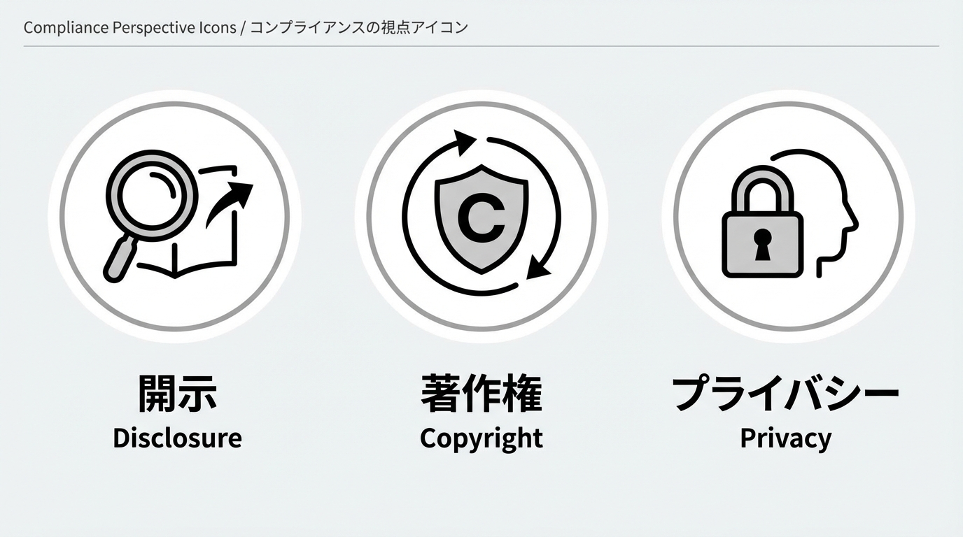 広告表示、著作権、プライバシーの3カテゴリを象徴するシンプルなアイコンセット