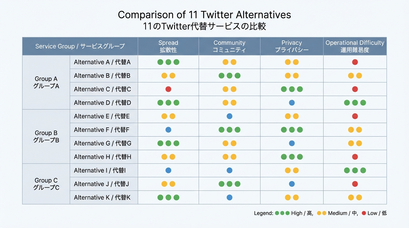 11種類のTwitter代替SNSを行に並べ、拡散力・コミュニティ性・プライバシー・運用難度などの列で比較したチャートのイメージ図