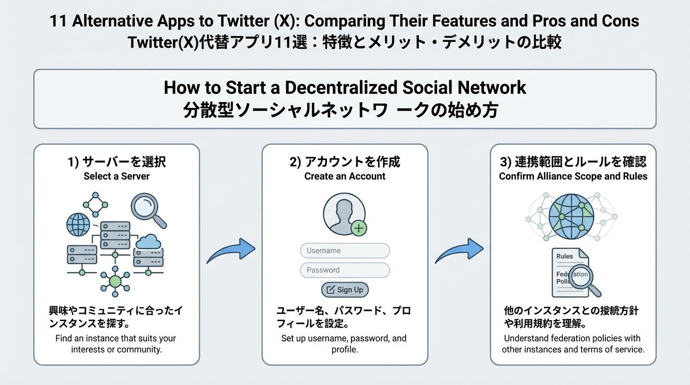 分散型SNSを始めるための、サーバー選択・アカウント作成・連合範囲やルール確認の3ステップを矢印でつないだ図