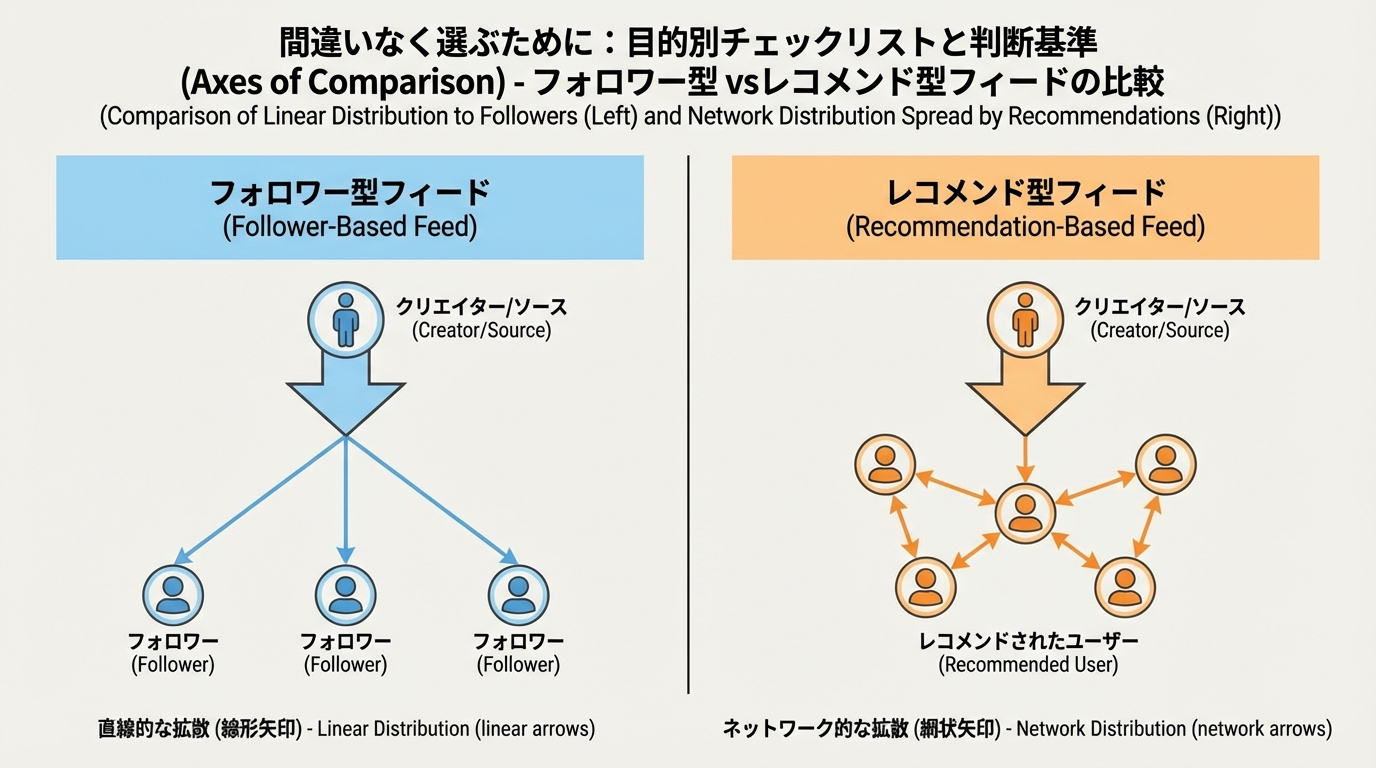 左にフォロワーへ線形に配信されるタイムライン、右に推薦ネットワークを通じて広がるフィードを並べた比較図