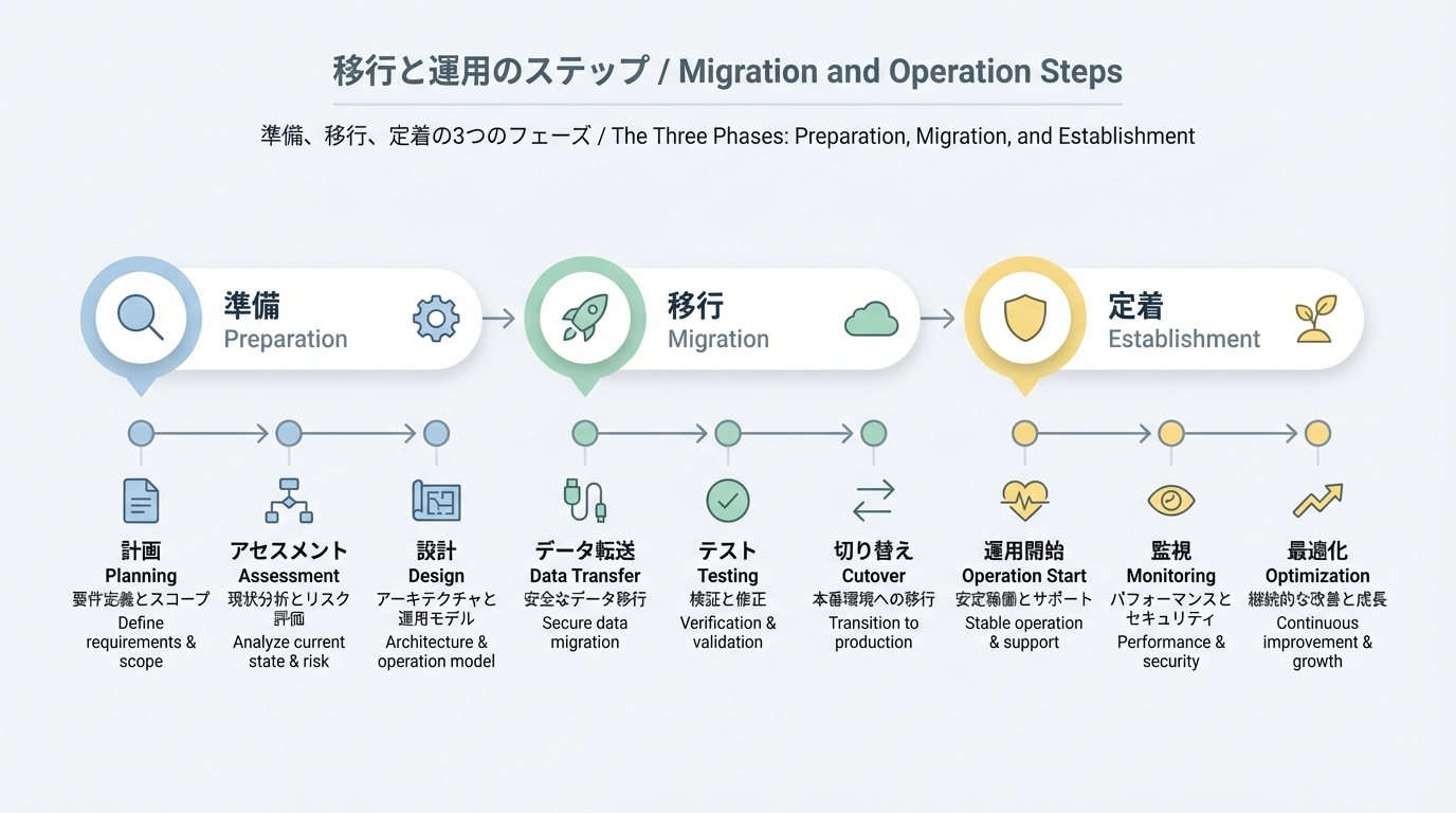 準備・移行・定着の3フェーズを横並びのタイムラインとして示した、SNS移行ロードマップの図