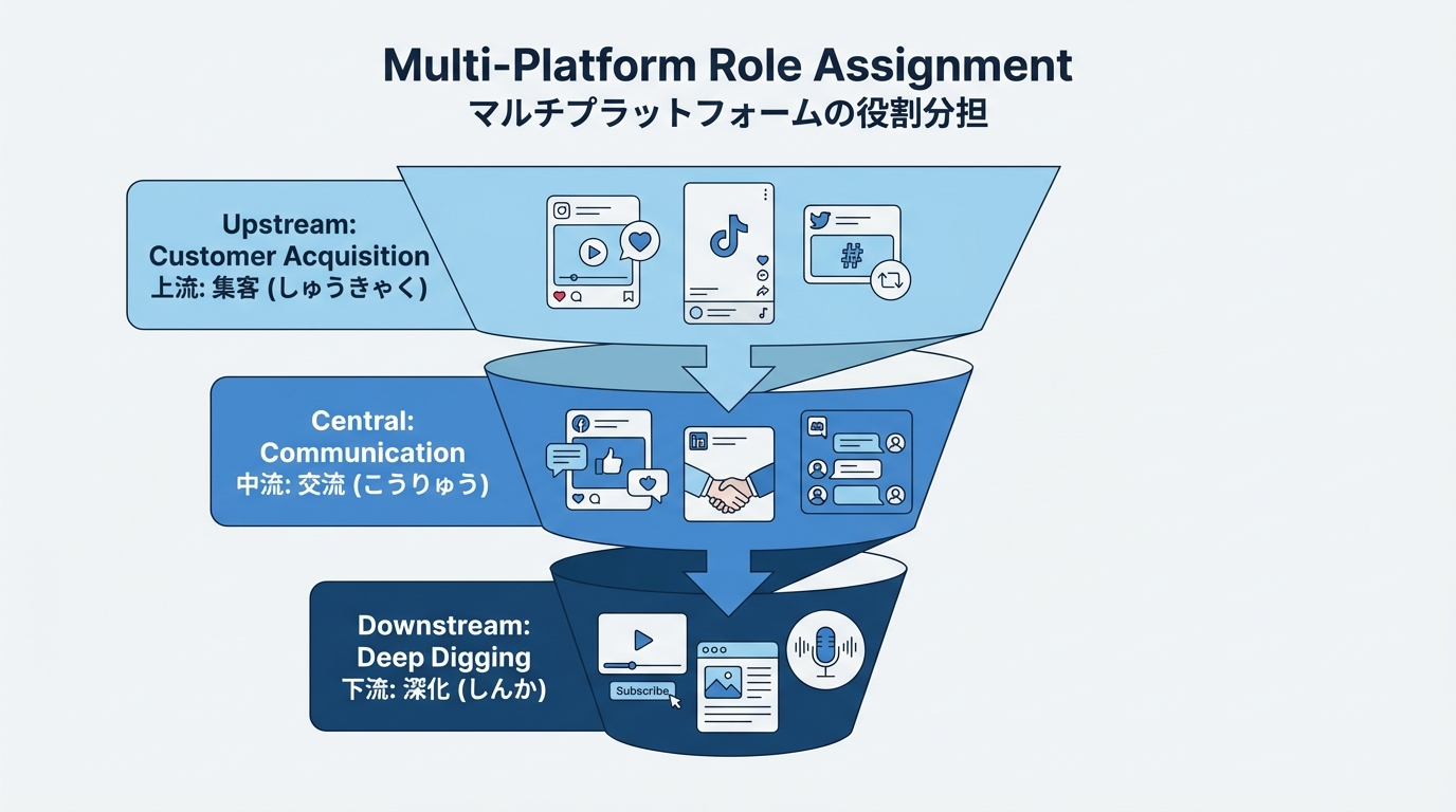 上流の集客、中流の交流、下流の深掘りという3段ファネルでSNSの役割分担を示した導線図