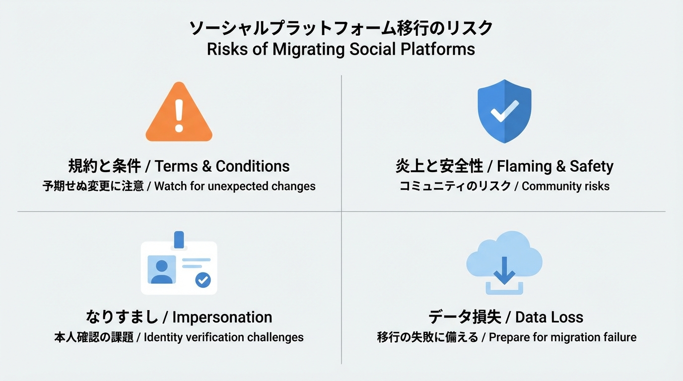 利用規約、安全性、本人確認、データ保全の4象限を警告アイコンや盾、IDカード、クラウドのシンボルで示したリスクマップ