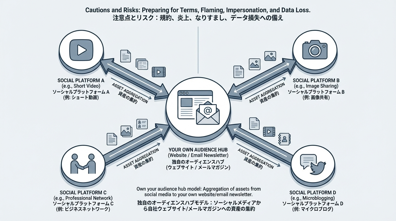 中央に自社サイトやニュースレター、その周りに複数のSNSノードを配置したハブ＆スポーク型の連携図