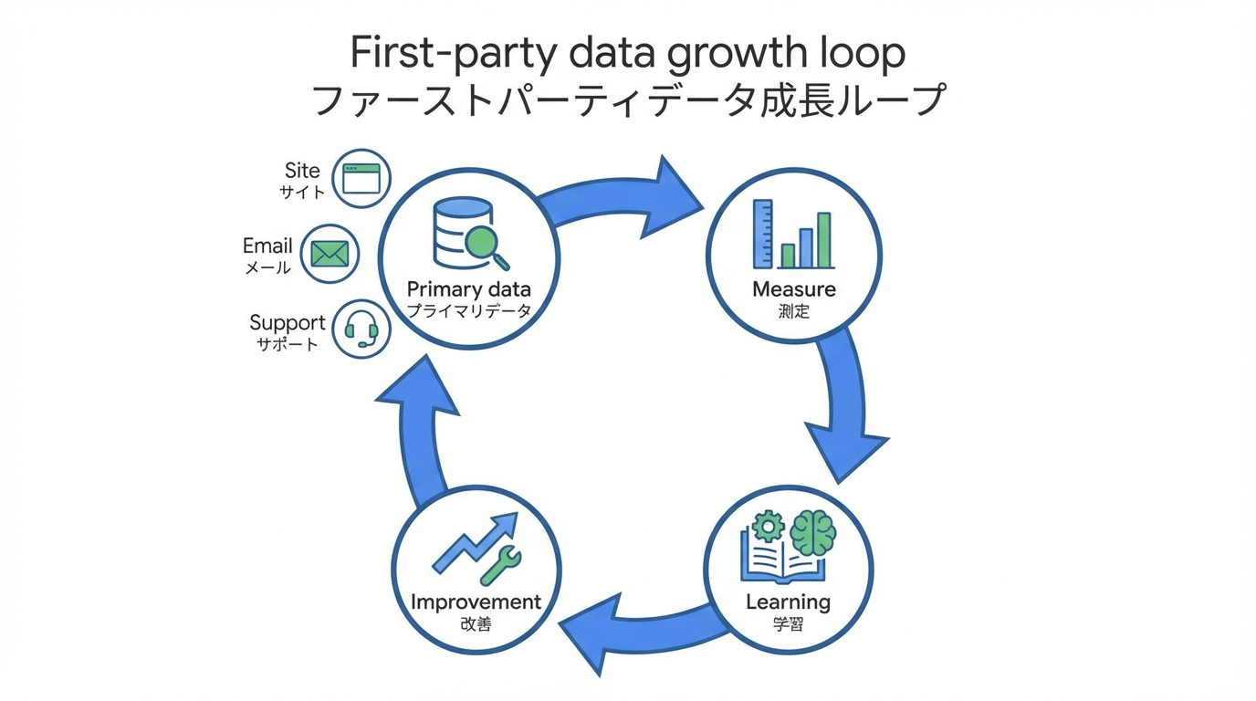 一次データを収集してセグメントし、パーソナライズ施策を実行・計測しながら継続的に改善する成長ループ図