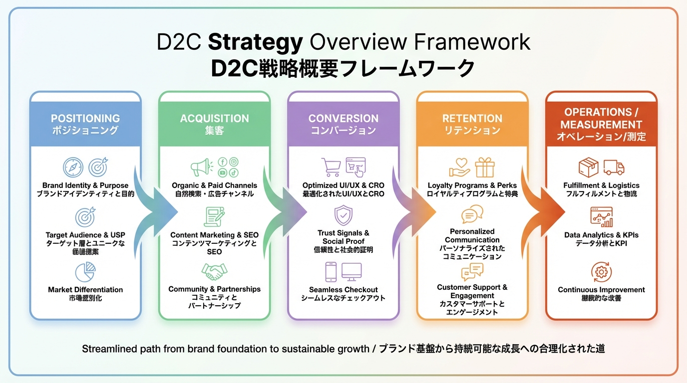 ポジショニング、獲得、コンバージョン、リテンション、オペレーション/計測の5要素で構成されたD2C戦略フレームワーク図