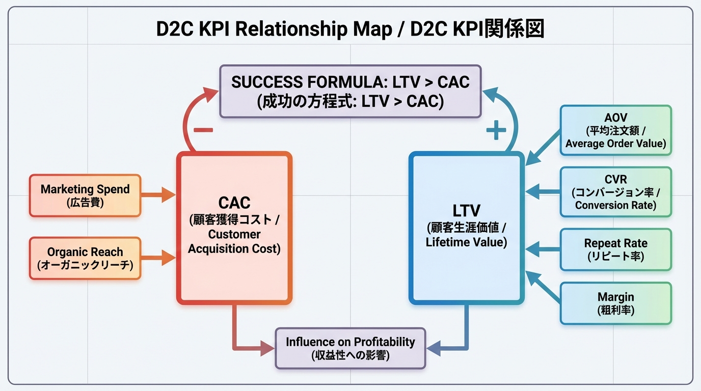 CACとLTVの関係と、そのドライバーとなるCVR、AOV、リピート率、粗利率の相関を示したKPIマップ図