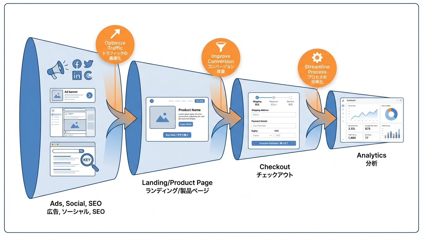 広告、SNS、SEOからランディングページ、商品ページ、チェックアウト、計測までの集客から購入までのファネル図