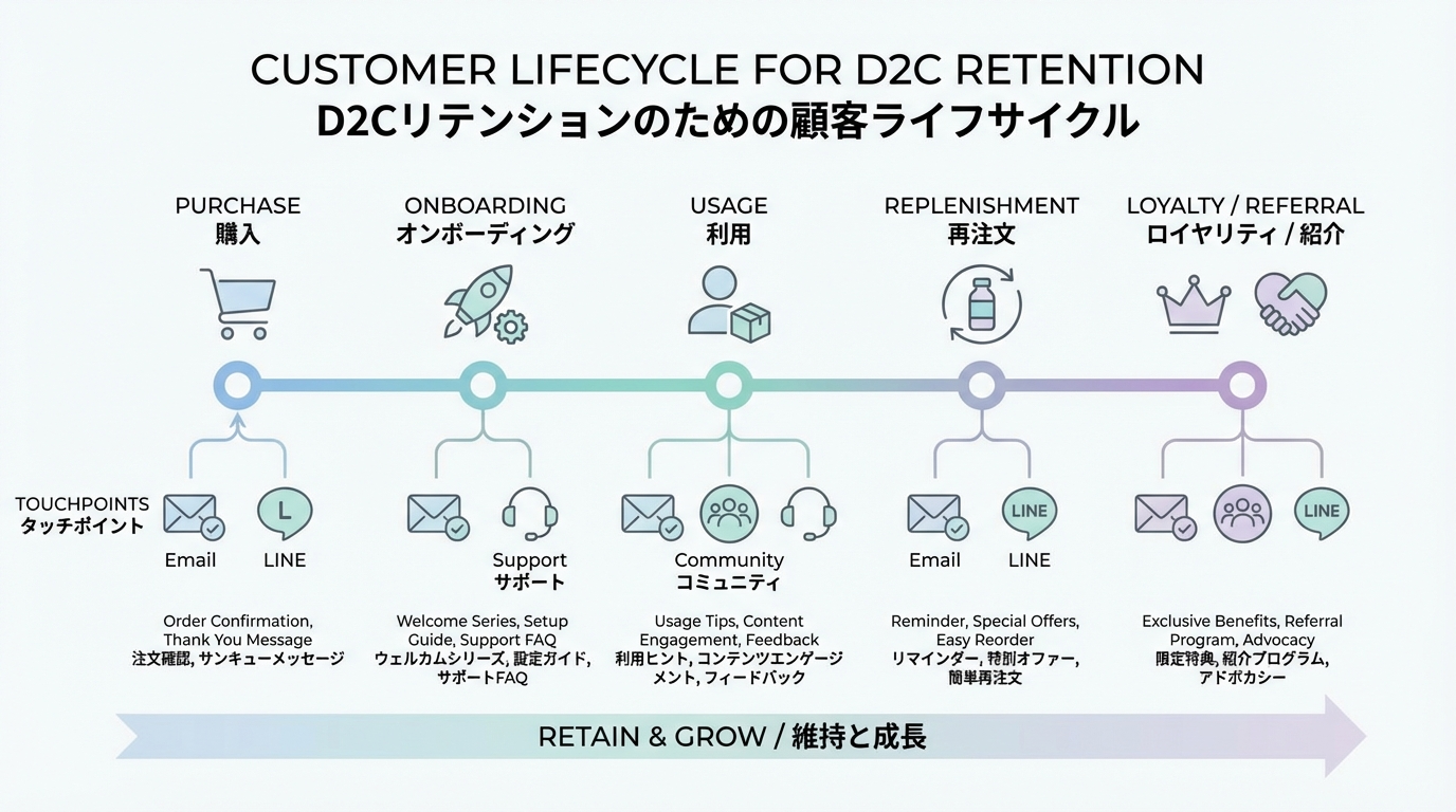 購入からオンボーディング、利用、再購入、ロイヤルティ・紹介までの顧客ライフサイクルと、メールやLINE、コミュニティなどのタッチポイントを示したタイムライン図