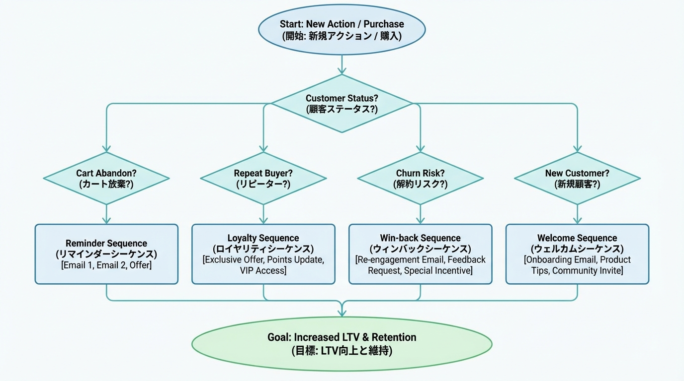 新規顧客、カゴ落ち、リピート顧客、離反リスク顧客などの行動に応じて配信されるCRMシナリオの分岐フロー図