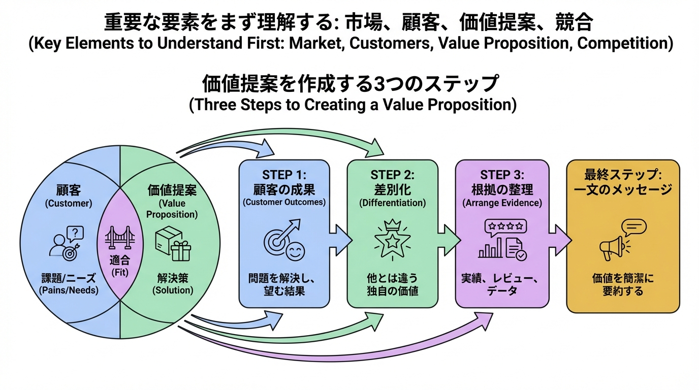 顧客成果、差別化、証拠の3ステップを経て最終的に1文の価値提案メッセージへ集約する手順図