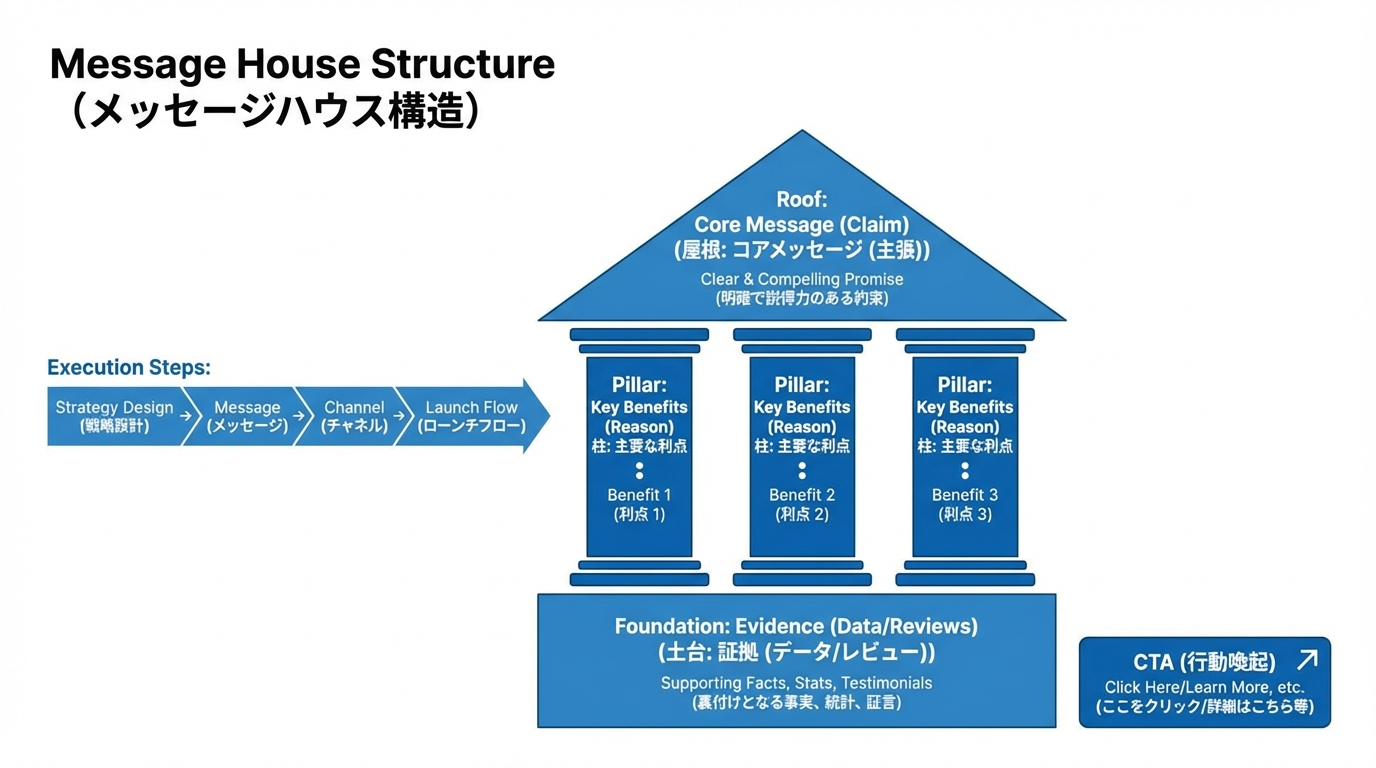 屋根にコアメッセージ、柱に主要ベネフィット、土台に証拠やデータ、右下にCTAを配置したメッセージハウス構造の図