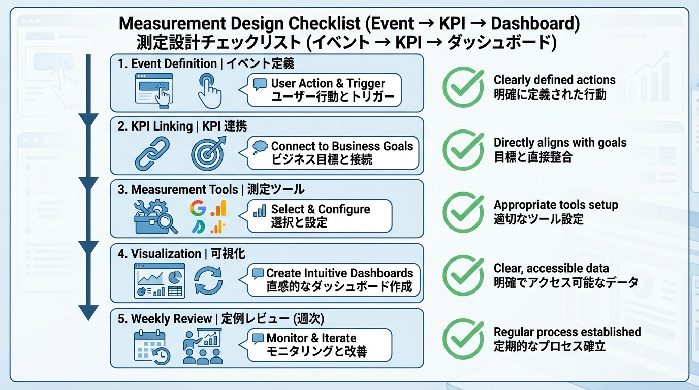 イベント定義からKPI紐付け、計測ツール設定、可視化、週次レビューまでを縦に並べた計測設計チェックリスト図
