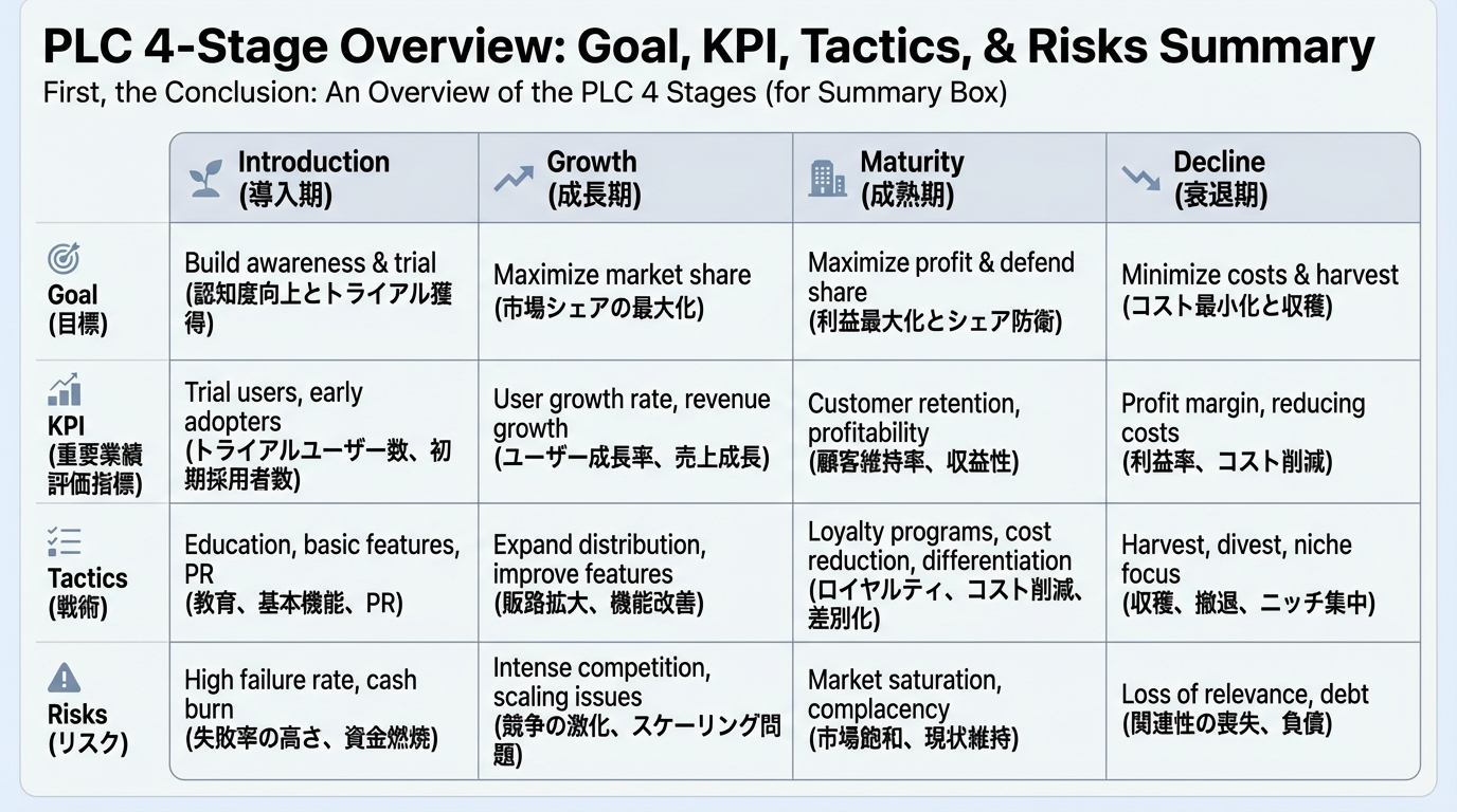 導入期・成長期・成熟期・衰退期の4列で、目標・KPI・施策・リスクを一覧比較したインフォグラフィック