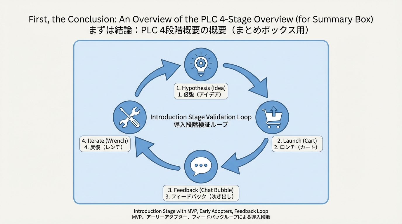 仮説→ローンチ→フィードバック→改善という導入期の検証ループを円形フローで示した図