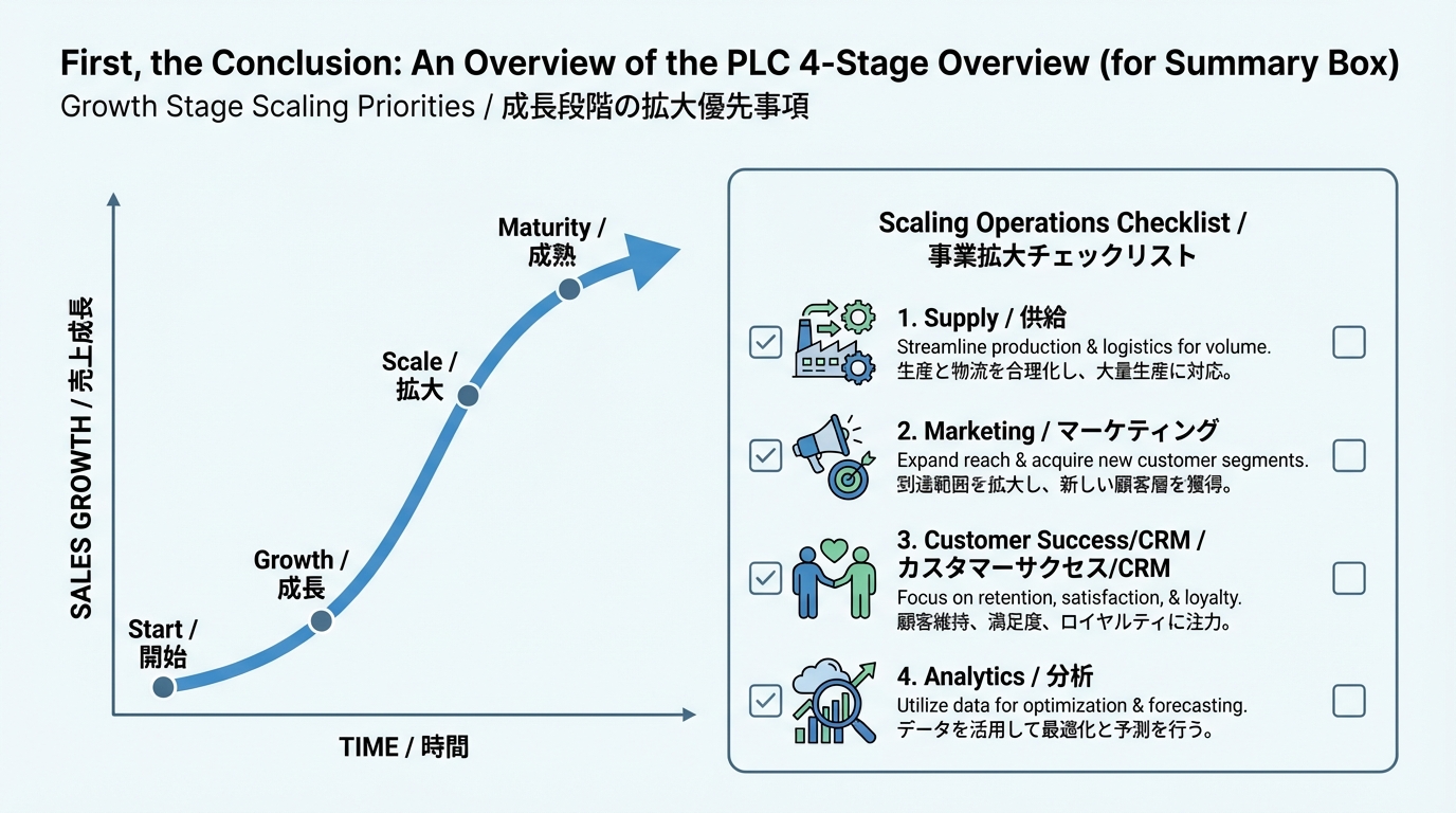 右肩上がりの売上チャートとともに、供給・マーケティング・顧客体験・分析のチェックリストを表示したインフォグラフィック