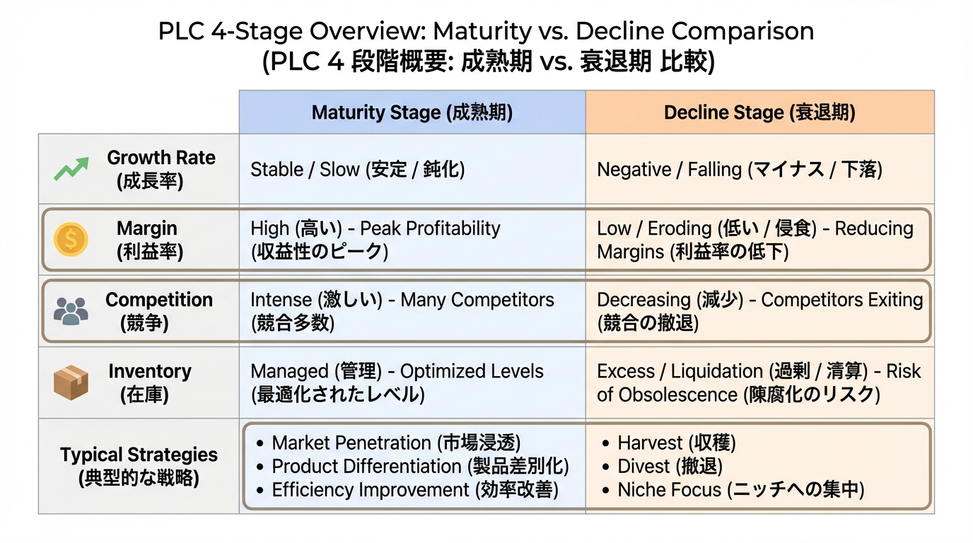 成熟期と衰退期それぞれの成長率・利益率・競争環境・在庫などの指標と典型的な戦略を比較する表形式の図