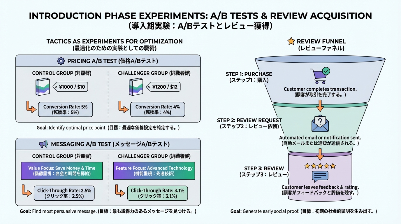 導入期に行う価格とメッセージのA/Bテスト、および購入からレビュー獲得に至るファネルを図解したインフォグラフィック