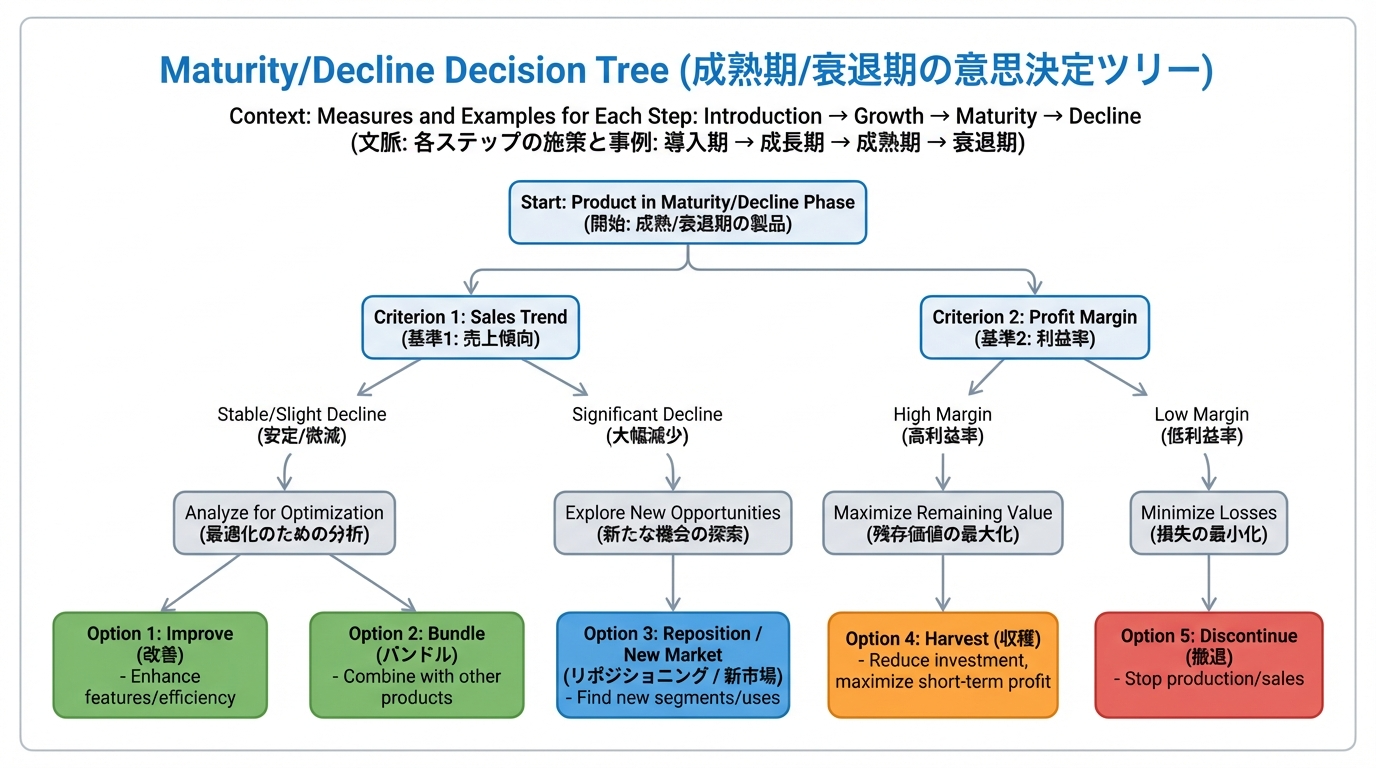 売上トレンドと利益率を起点に、改善・バンドル・新市場・収穫・終売といった選択肢に分岐する決定木の図