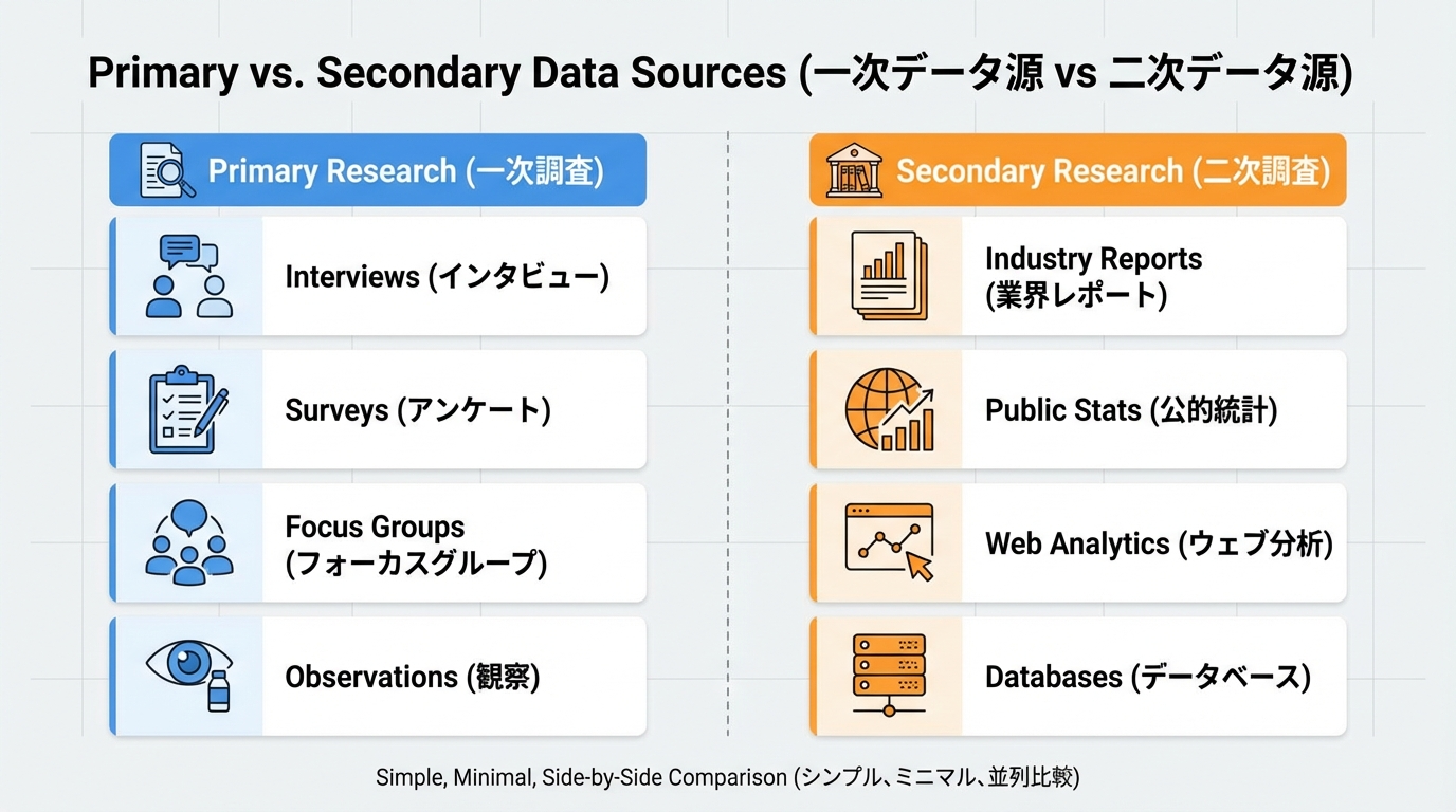 一次調査と二次調査それぞれの代表的なデータソース（インタビュー・アンケート・公的統計・業界レポート・Web解析など）をアイコン付きで並べたリスト図