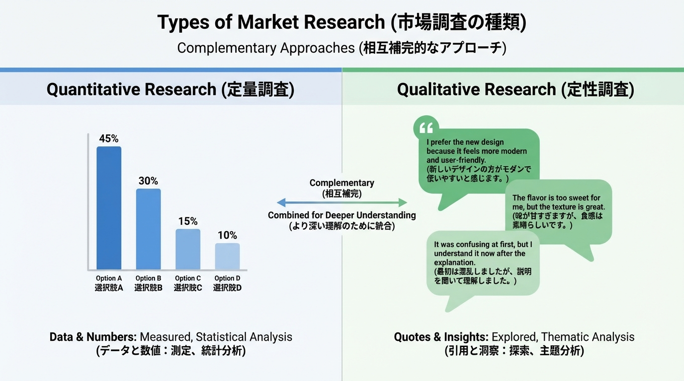 左側に棒グラフやパーセンテージを示す定量データのアイコン、右側に吹き出しと引用文のアイコンを配置した、定量と定性の役割の対比ビジュアル
