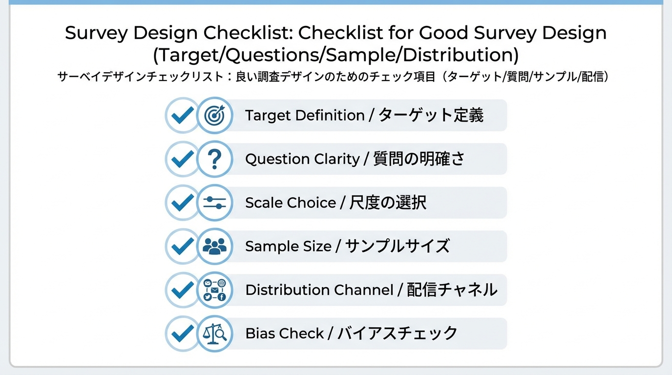 ターゲット定義、設問の明確さ、スケール選択、サンプル数、配布チャネル、バイアスチェックなどを並べたアンケート設計チェックリストのインフォグラフィック