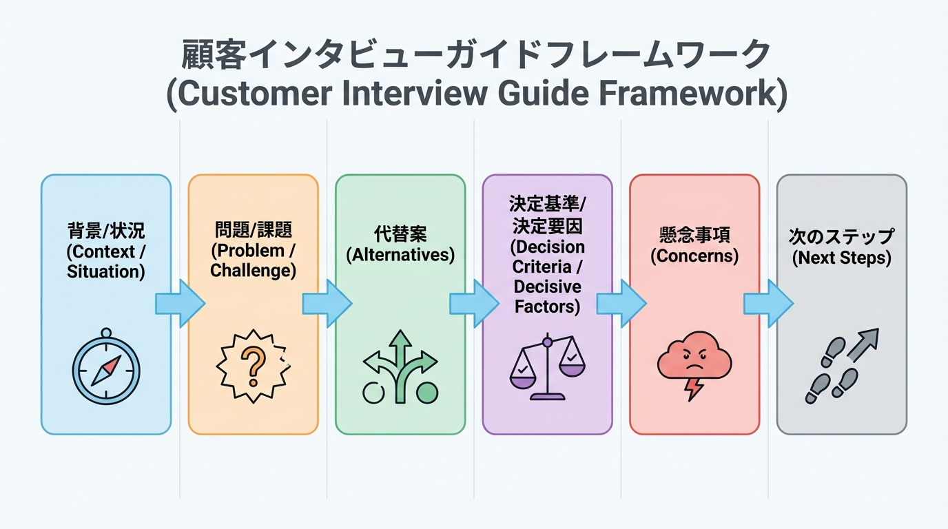 状況、課題、代替手段、意思決定基準、不安点、次の一歩といった質問項目を並べた顧客インタビューフレームワーク図