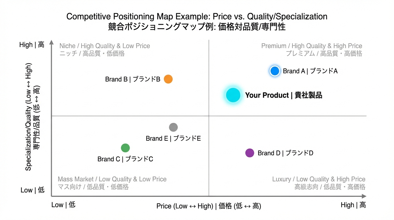 価格（低-高）と品質・専門性（低-高）を軸に、複数ブランドと自社サービスの位置づけを示したシンプルなポジショニングマップ