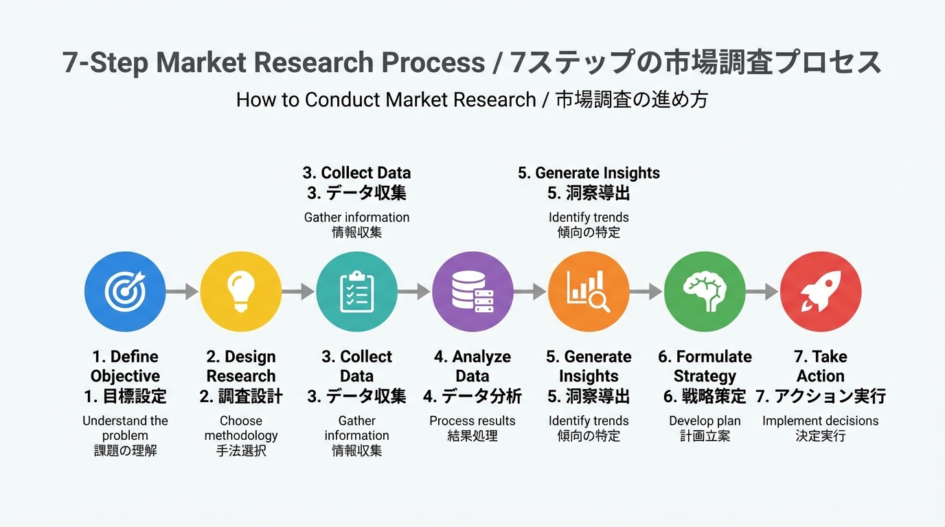 目的設定から仮説、設計、データ収集、分析、示唆、アクションまで7つのステップを横並びのアイコン付きフローで示したイラスト