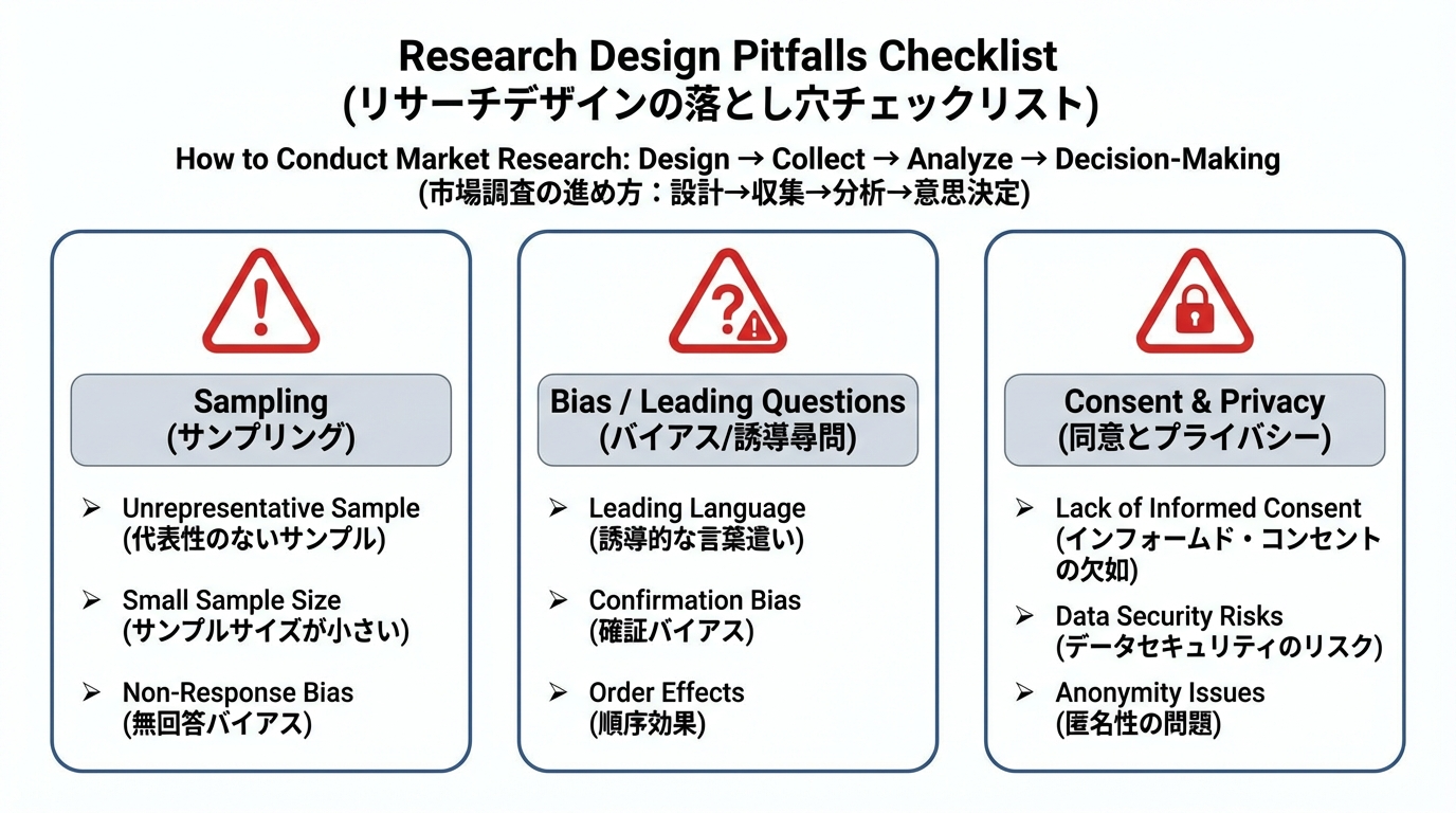 サンプリング設計、バイアス・誘導質問、同意・プライバシーの3カテゴリごとに注意点をまとめた警告アイコン付きインフォグラフィック