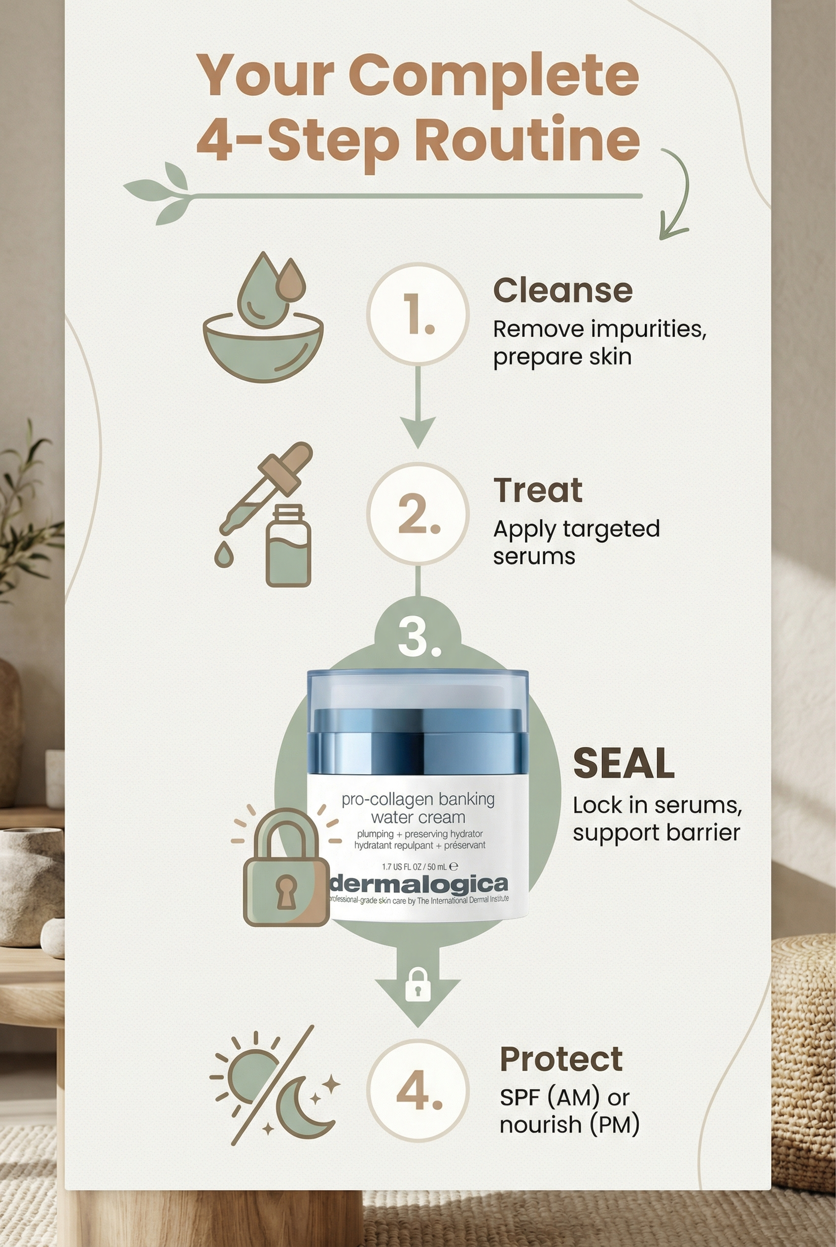 Four-step skincare routine diagram showing cleanse, treat, SEAL, and protect steps with connecting arrows