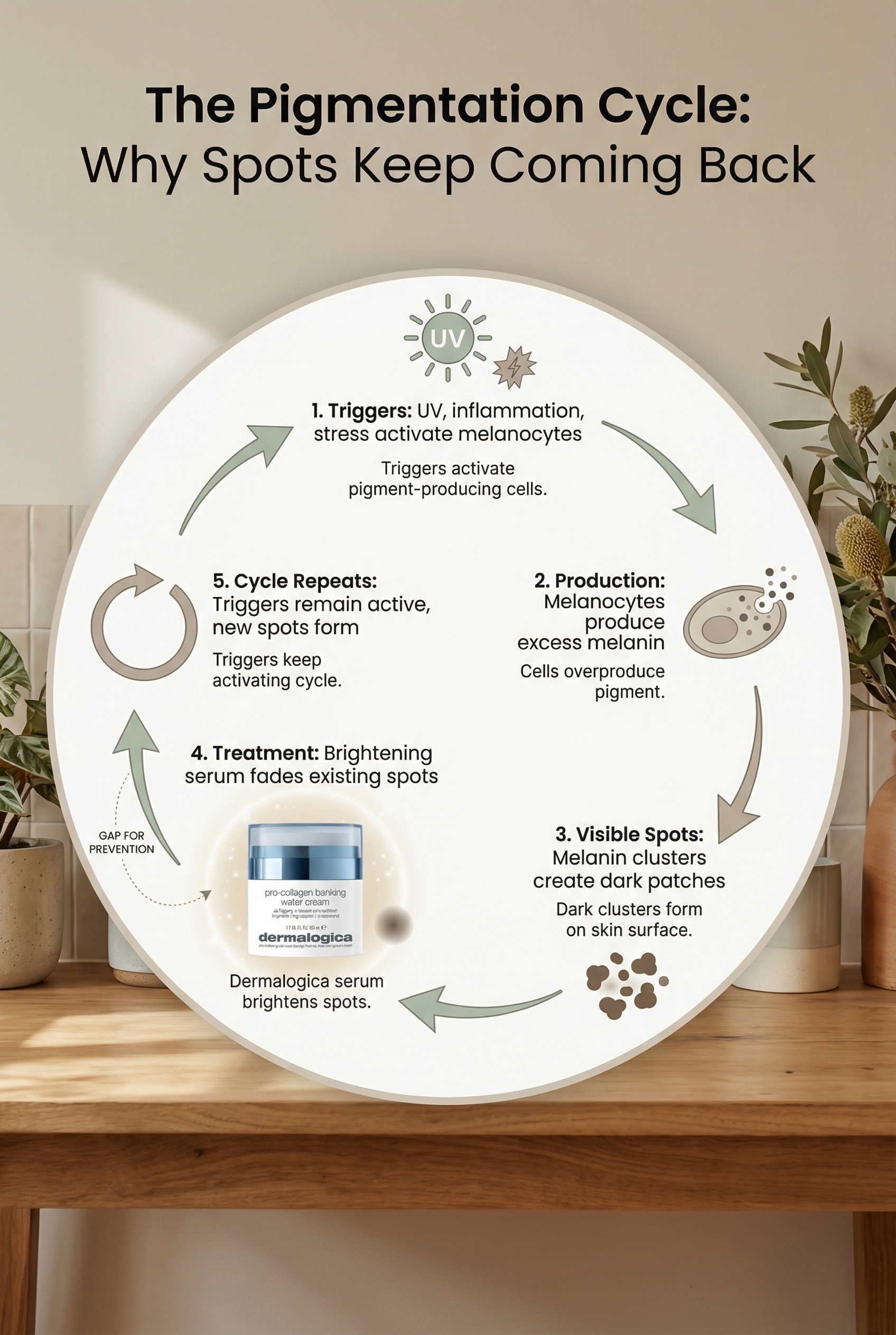 Circular diagram illustrating the pigmentation cycle from triggers to melanin production to dark spots and back to triggers, showing the continuous loop