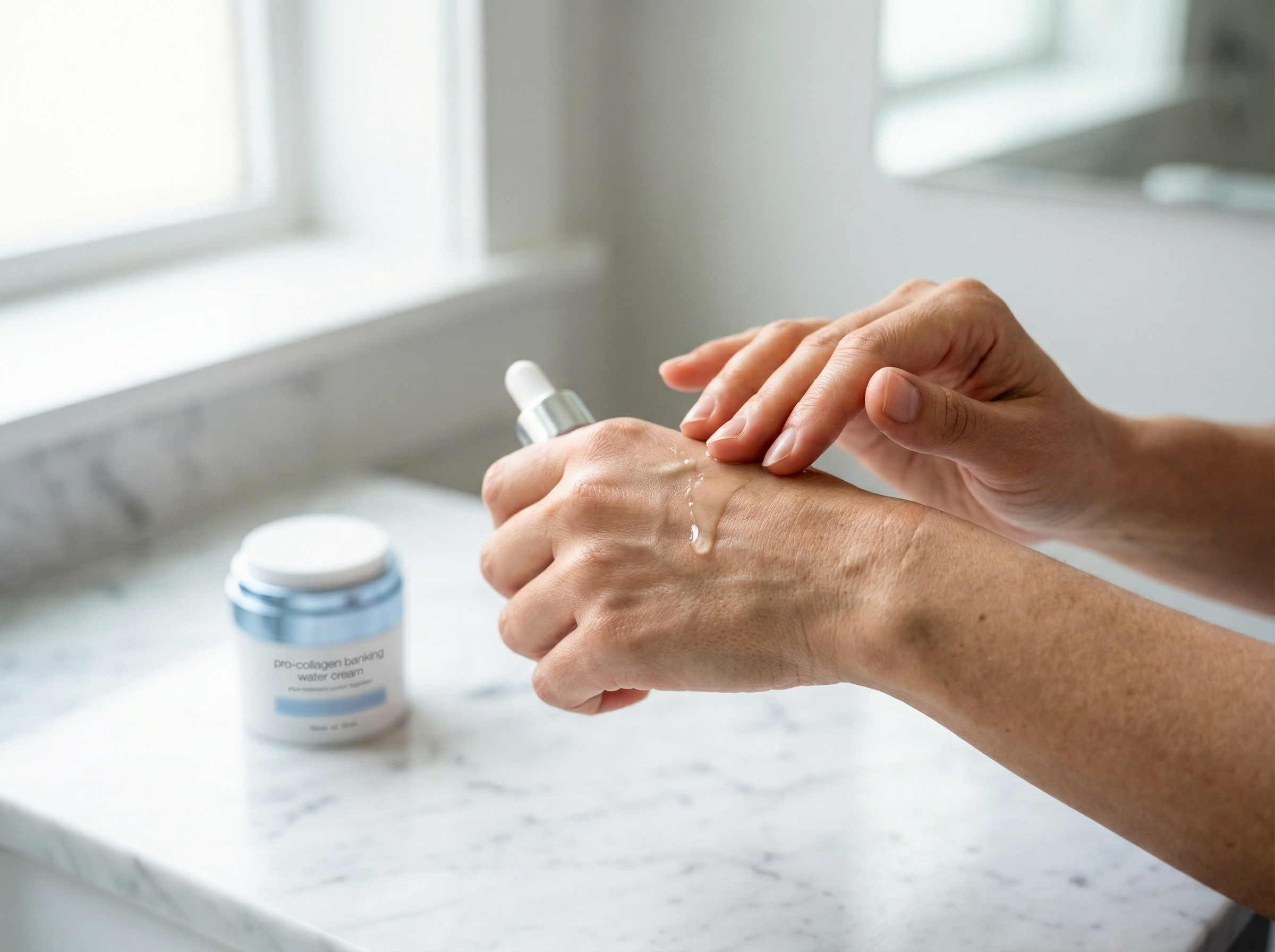 Hands applying brightening serum showing the texture and application technique for treating existing dark spots
