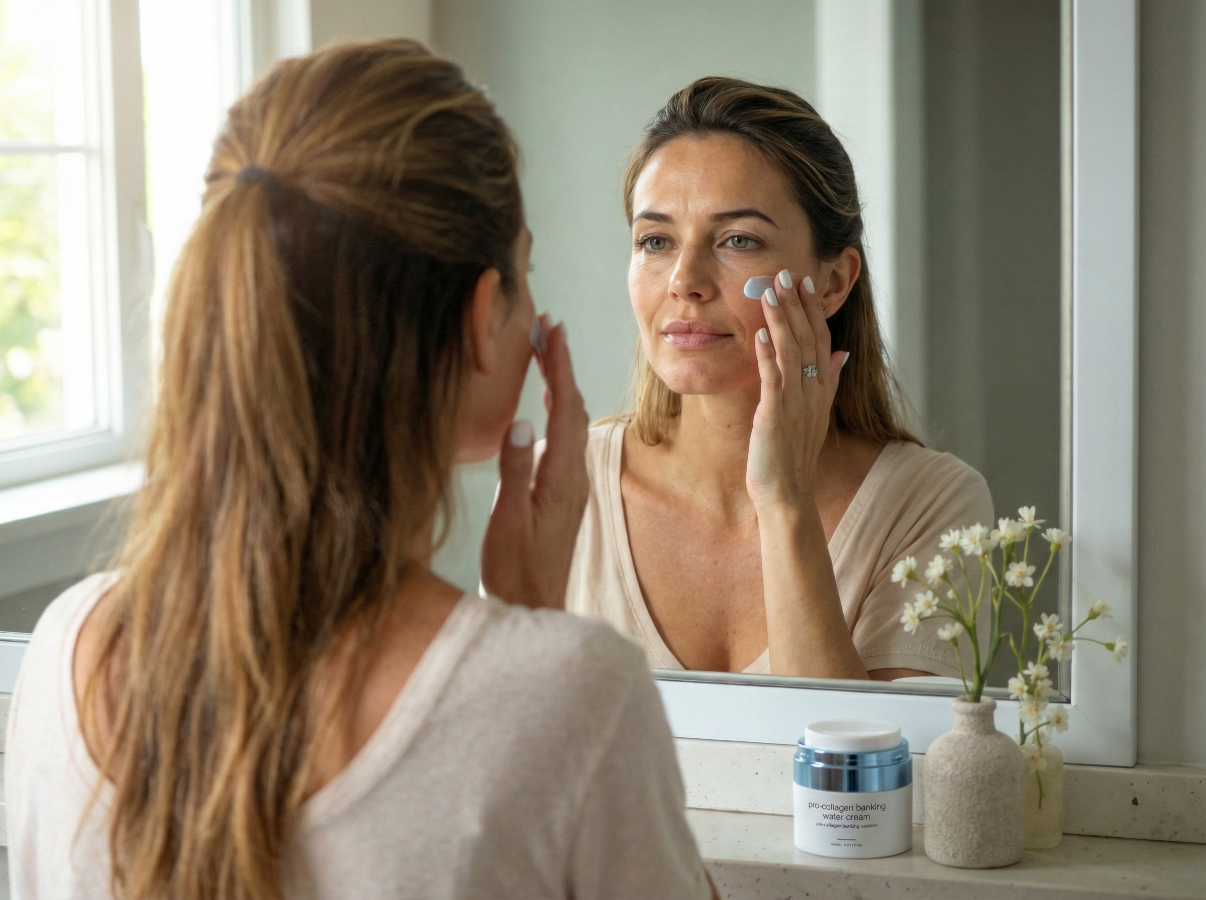 Woman applying Pro-Collagen Banking Water Cream showing the prevention step in a complete pigmentation routine