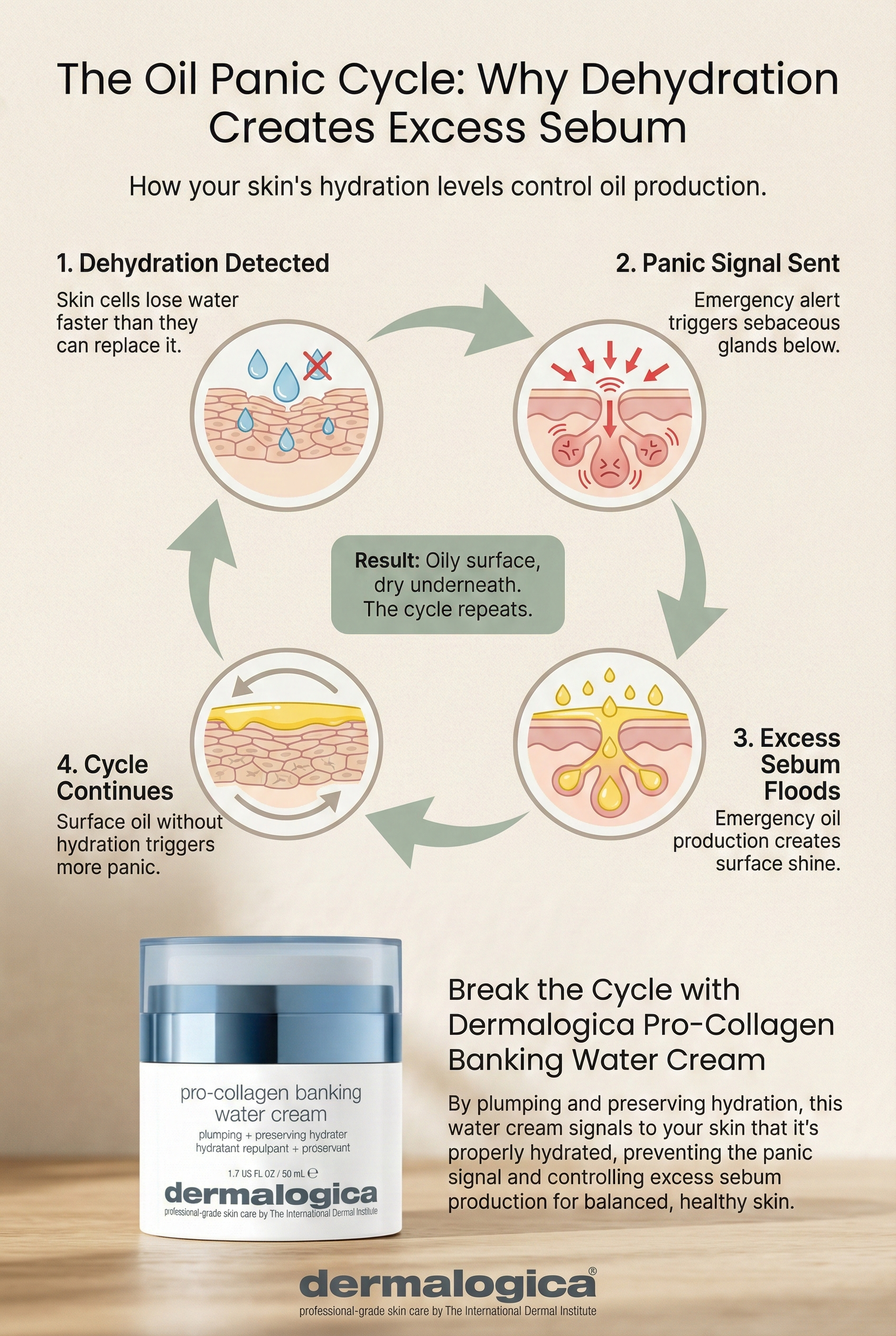 Circular diagram showing dehydration triggering panic signals to sebaceous glands causing excess sebum production in a continuous cycle