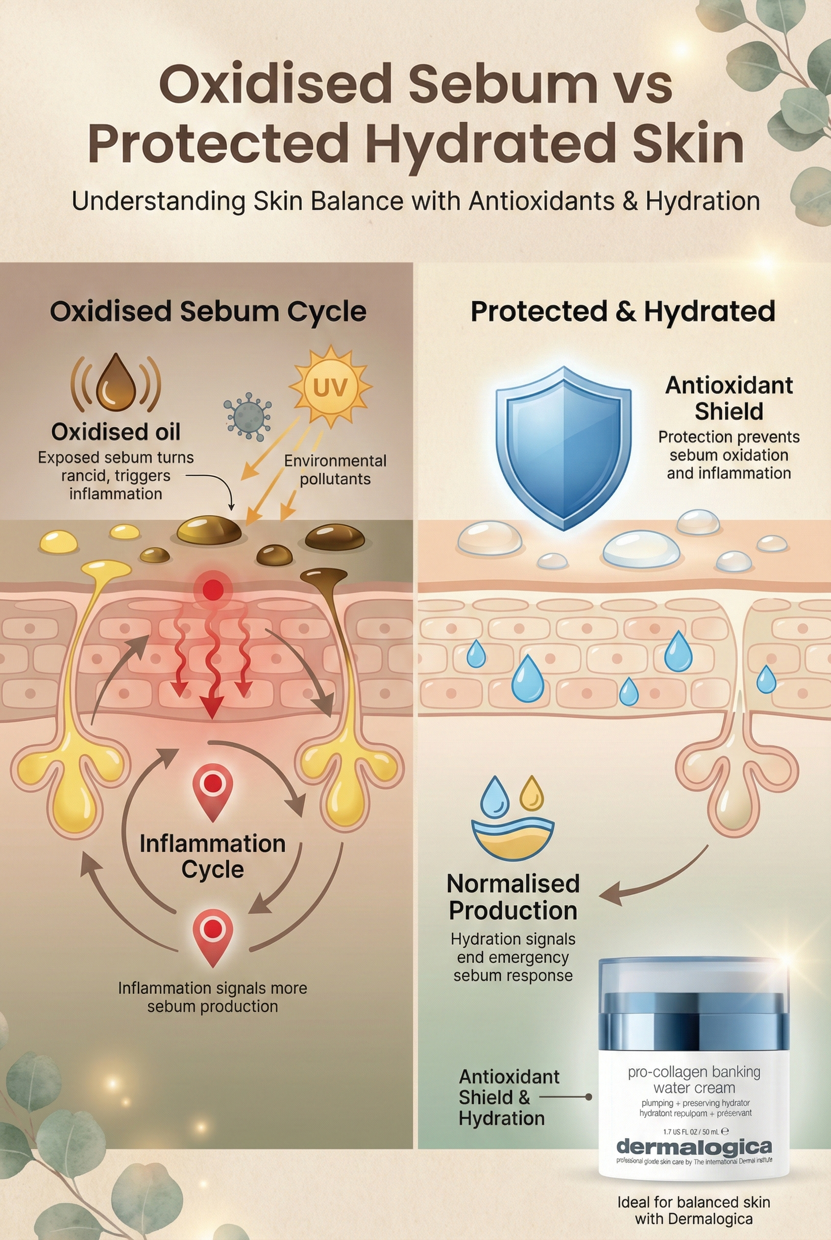 Comparison diagram showing oxidised sebum causing inflammation versus antioxidant-protected sebum with proper hydration preventing excess oil