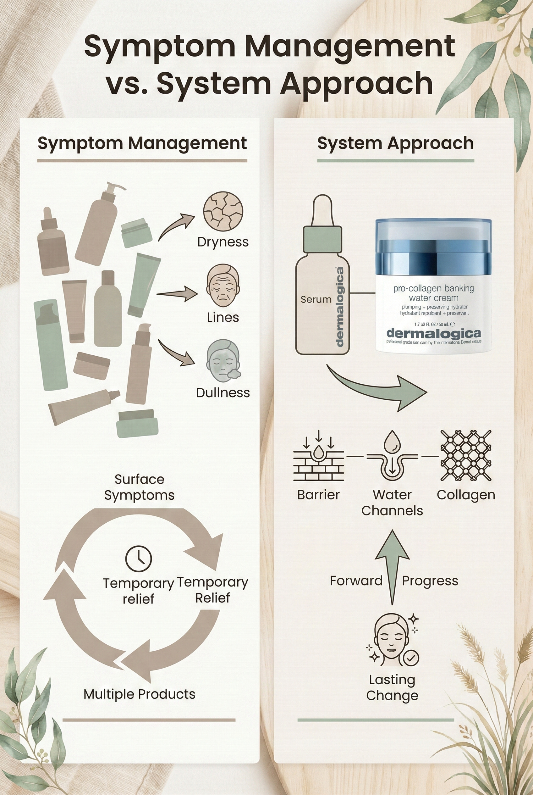 Comparison infographic showing symptom management approach versus system approach to skincare, illustrating the difference between treating surface issues and addressing root causes