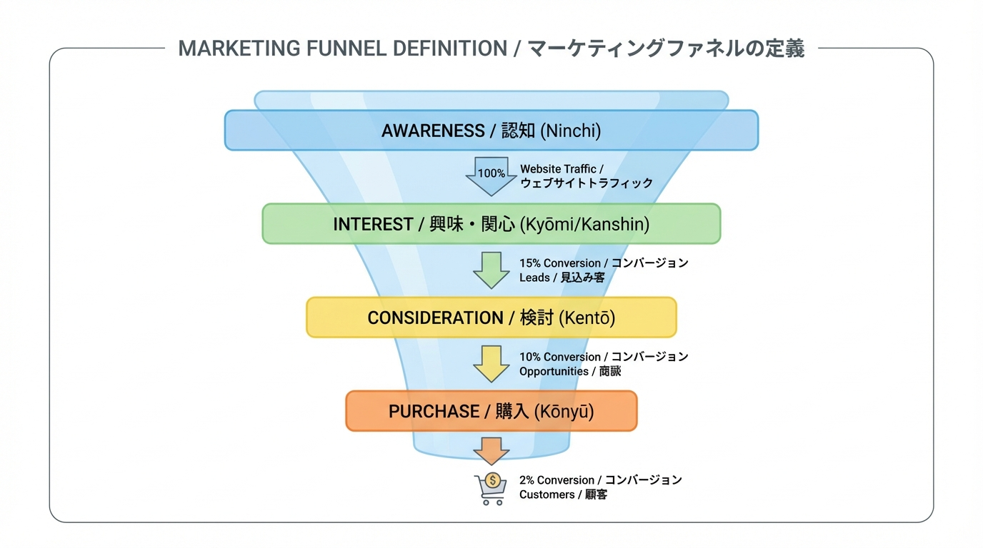 認知から購入までの段階が漏斗状に細くなっていくマーケティングファネルの基本構造を示す概念図