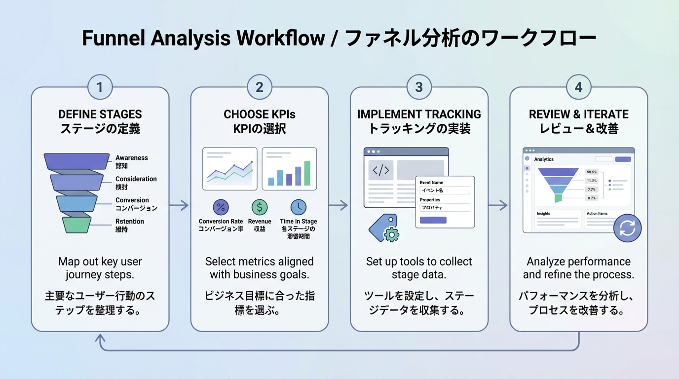 ステージ定義からKPI選定・トラッキング実装・レビューまで4ステップのファネル分析ワークフロー