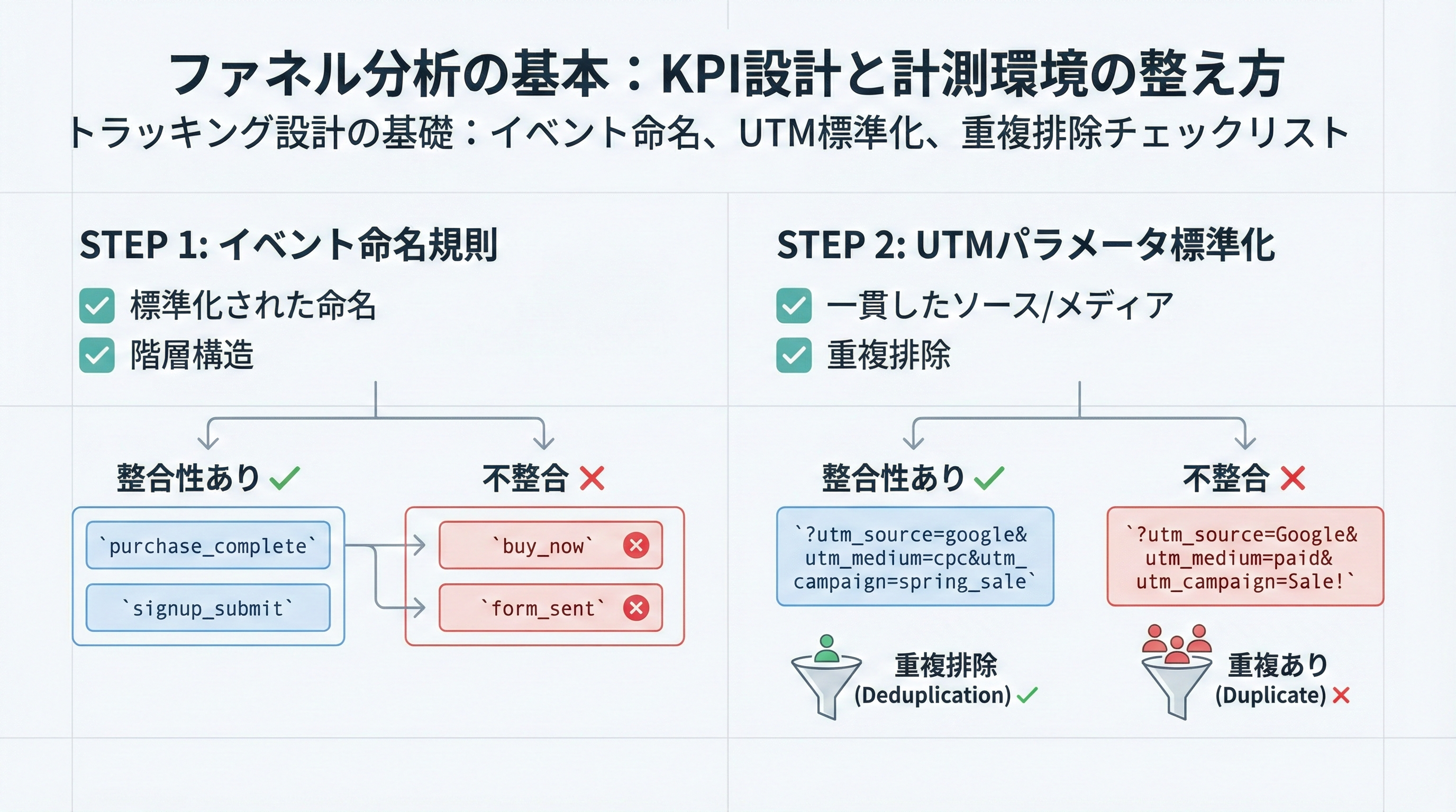 イベント命名規則・UTMパラメータの統一・重複計測排除をチェックリスト形式で示した計測設計図