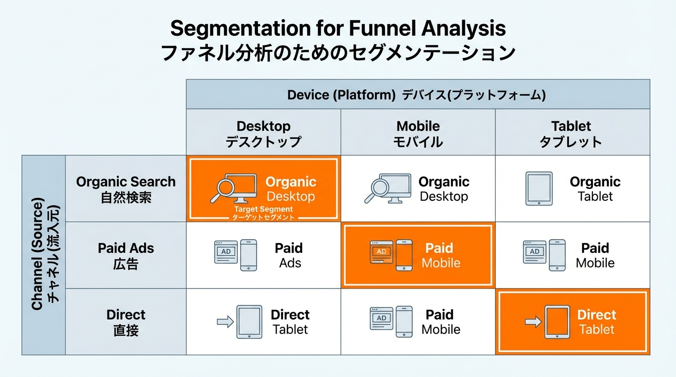 チャネルとデバイスなど複数軸でセグメント分解したマトリクス表の図