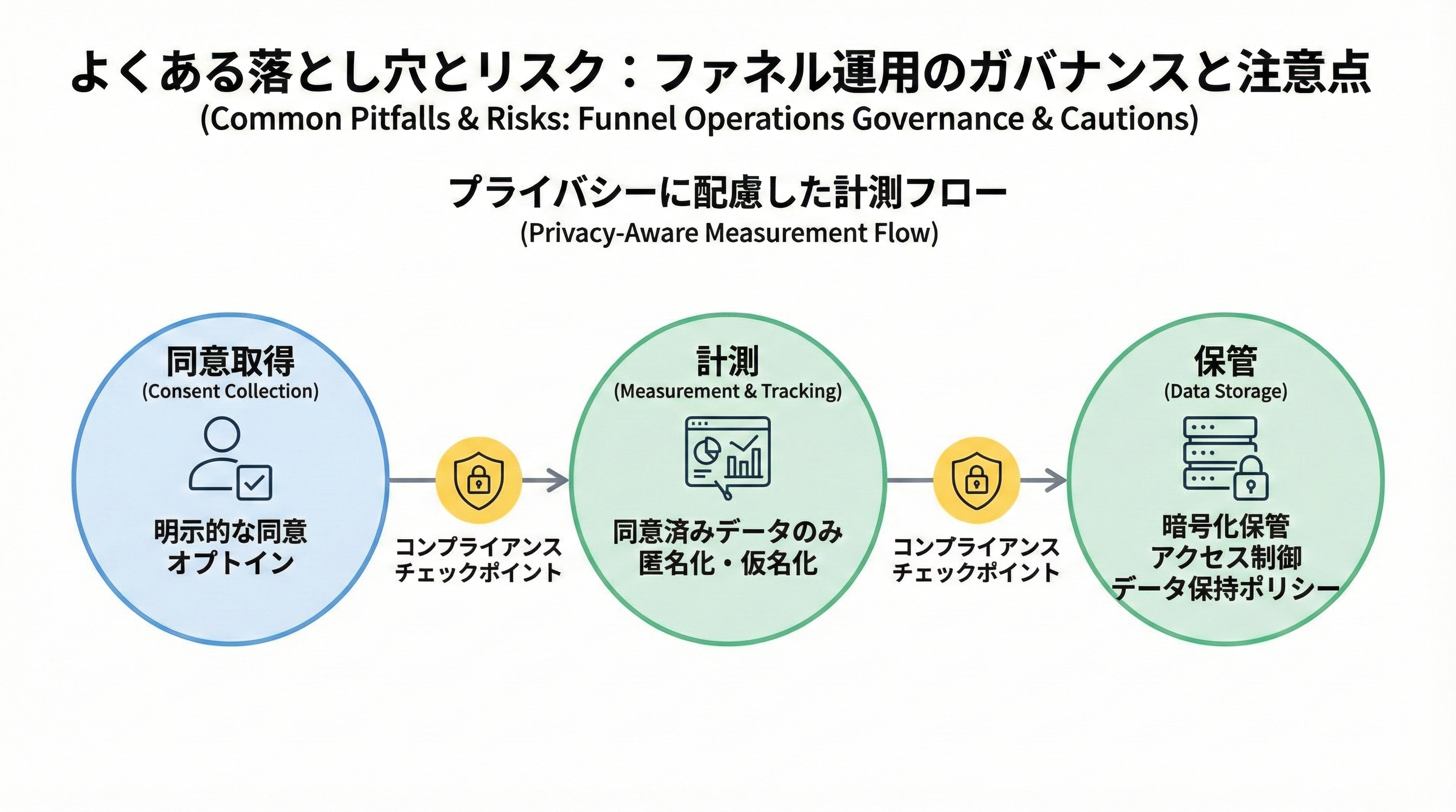 ユーザーの同意取得から計測、データ保存までがプライバシー配慮のチェックポイント付きで示されたフロー図