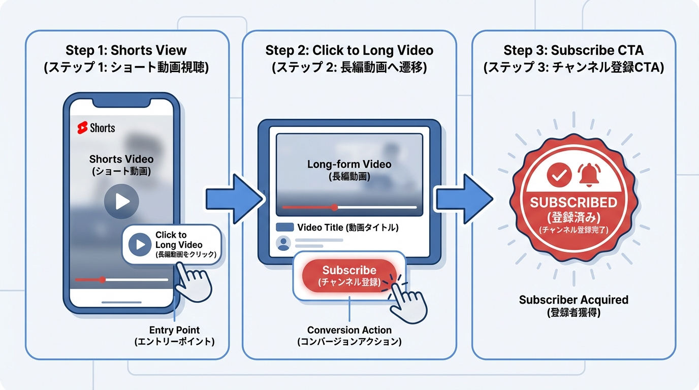 Shorts視聴からロング動画への遷移、そして登録CTAまでの3ステップの導線を示した図