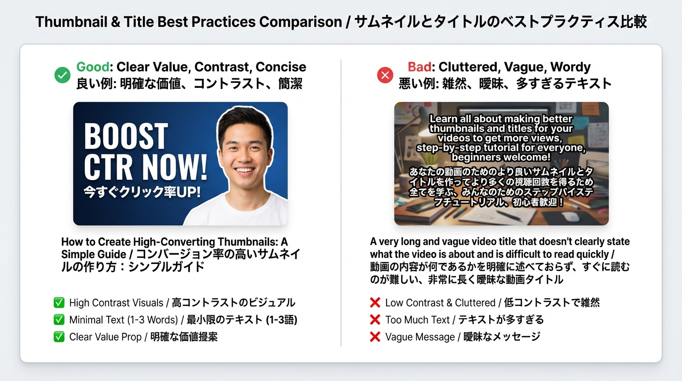 良いサムネイルと悪いサムネイルを並べ、テキスト量やコントラスト、メッセージの明確さを比較した図