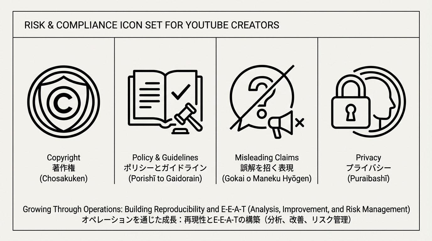 著作権・ポリシー・誤解を招く表現・プライバシーを表すシンプルなアイコンが並ぶリスクチェックセット