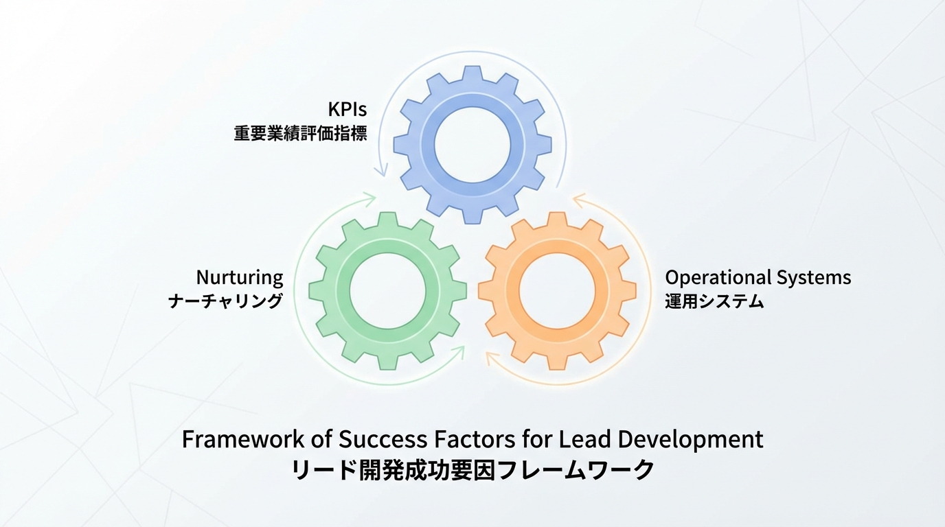 KPI、ナーチャリング、運用体制の3つの要素が互いに噛み合う三つの歯車として描かれた成功要因フレーム図