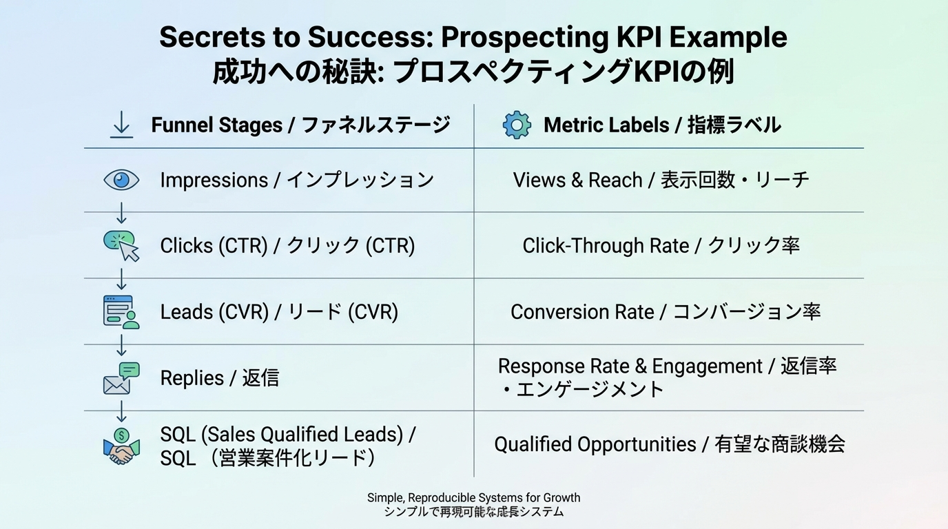 インプレッション、クリック率、リード数、返信数、SQL数などを購買ファネルに沿って並べたKPI表