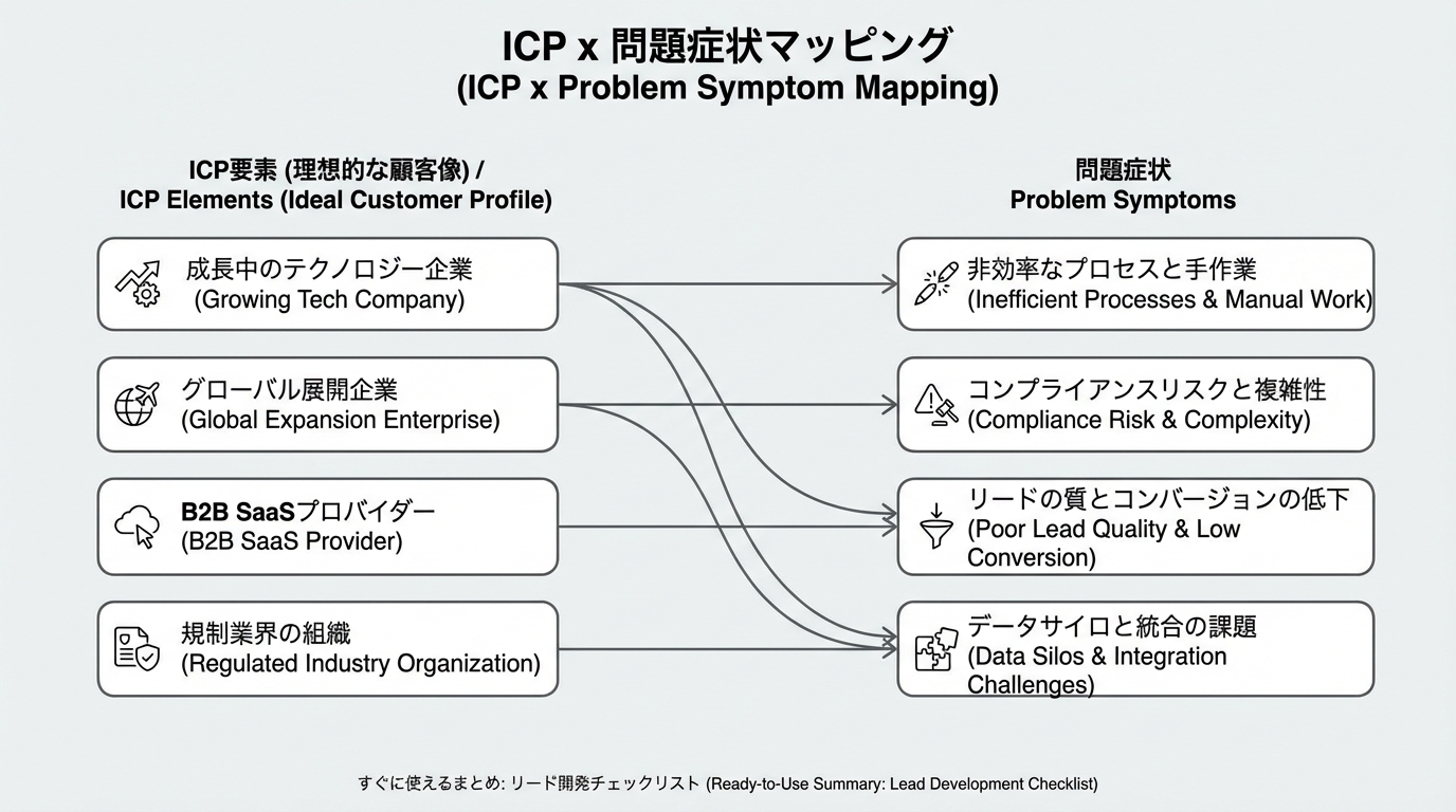 左にICP要素、右に課題兆候を並べ、線でつないで関連づけたマッピング図