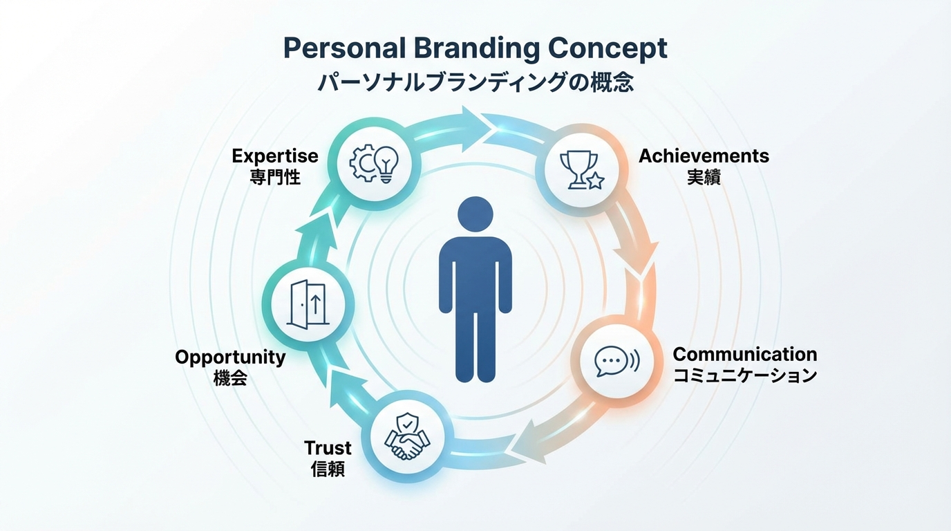パーソナルブランディングの概念として、中央の人物と周囲の専門性・実績・発信・信頼・機会が循環するイメージ図