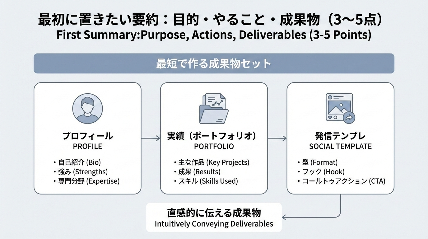 プロフィール・実績（ポートフォリオ）・発信テンプレートの3枚のカードで最小限の成果物セットを示した図